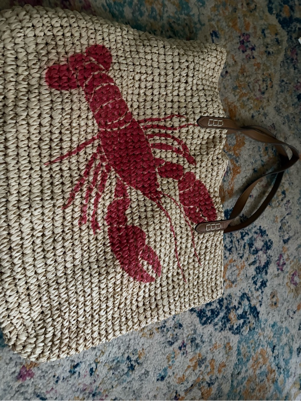 INC International Concepts Natural Straw Tote with Red Lobster Graphic